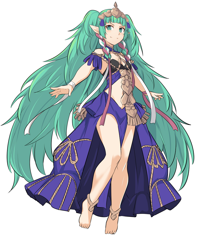 1girl bangs bare_shoulders blue_dress braid dress fire_emblem fire_emblem:_three_houses green_eyes green_hair long_hair navel no_shoes pink_ribbon pointy_ears revealing_clothes ribbon shiseki_hirame simple_background smile solo sothis_(fire_emblem) twin_braids very_long_hair white_background white_ribbon