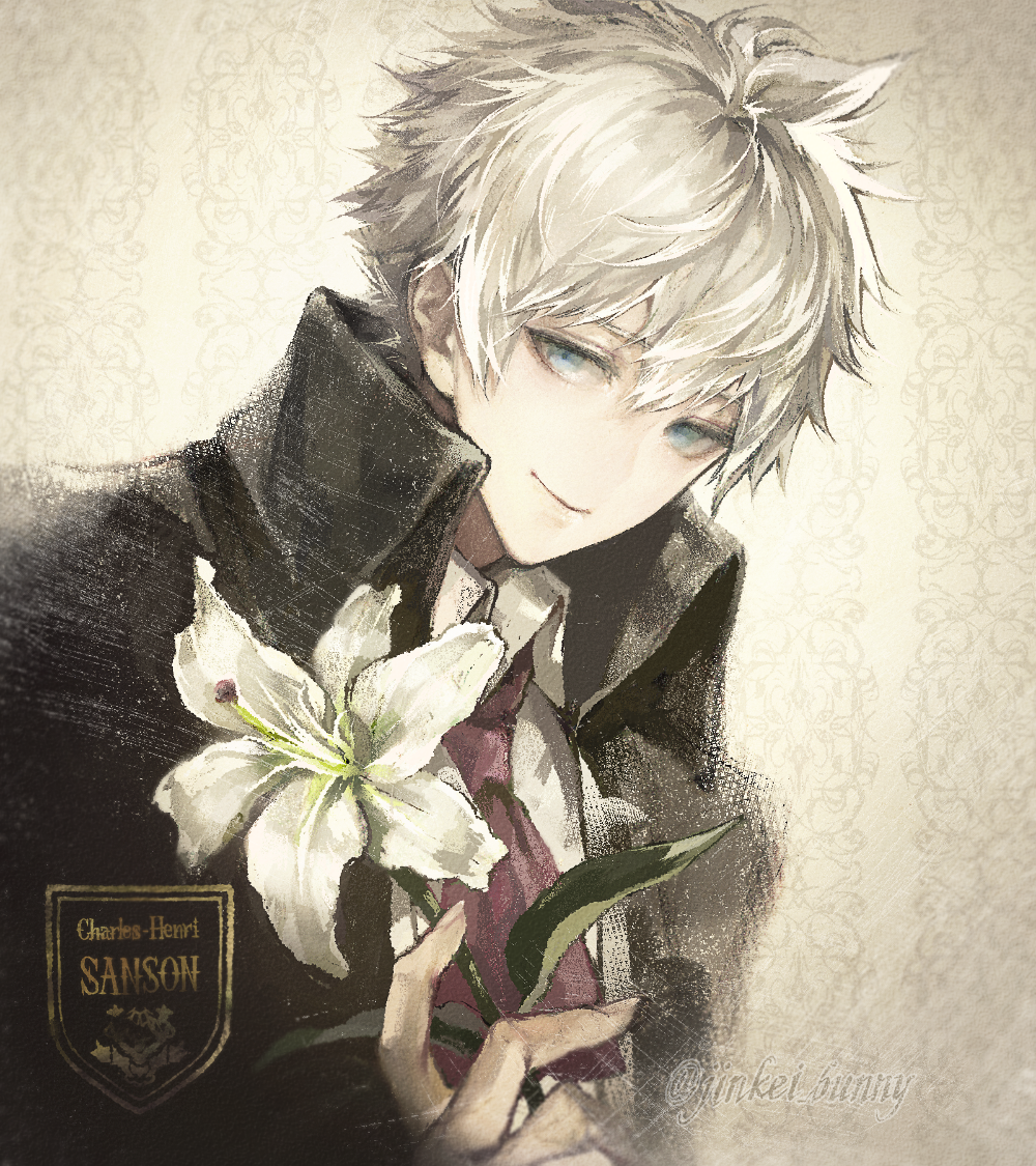 1boy black_coat blue_eyes character_name charles_henri_sanson_(fate/grand_order) closed_mouth emblem fate/grand_order fate_(series) flower grey_background holding holding_flower koshika_rina lily_(flower) looking_at_viewer male_focus messy_hair popped_collar smile solo twitter_username upper_body white_hair