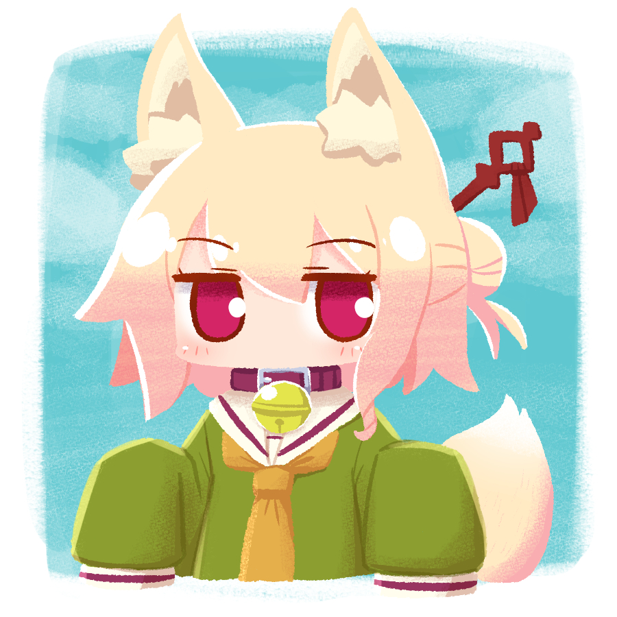 1girl animal_ear_fluff animal_ears bell bell_collar blonde_hair collar commentary_request fox_ears fox_girl fox_tail green_shirt hair_bun hair_ornament jingle_bell jitome kemomimi-chan_(naga_u) looking_at_viewer naga_u neckerchief original red_eyes shirt sleeves_past_fingers sleeves_past_wrists solo tail upper_body yellow_neckwear