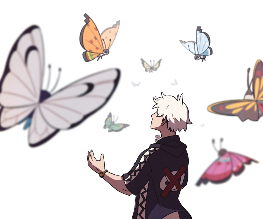 1boy bug butterfly closed_mouth creature flying gen_6_pokemon guzma_(pokemon) insect male_focus pokemon pokemon_(creature) pokemon_(game) pokemon_sm short_sleeves simple_background ssalbulre too_many upper_body vivillon watch watch white_background white_hair