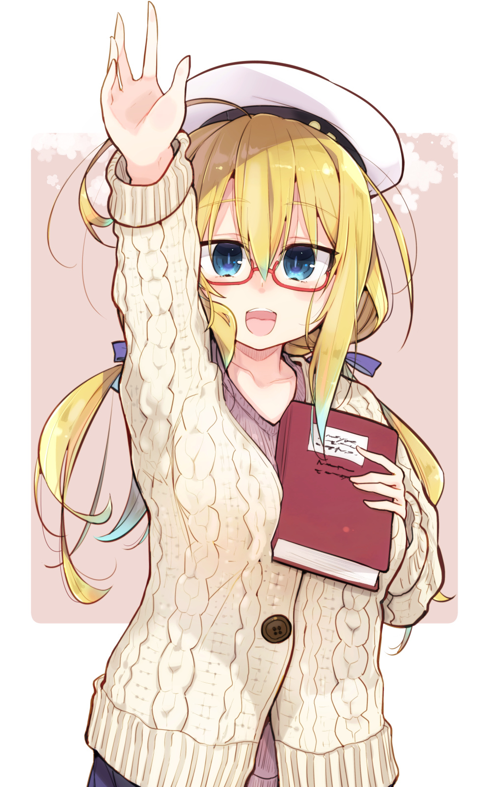 1girl alternate_costume arm_up bangs blonde_hair blue_eyes blush book breasts eyebrows_visible_through_hair glasses hair_between_eyes hair_ornament hair_ribbon hat highres holding holding_book i-8_(kantai_collection) kantai_collection large_breasts long_hair long_sleeves low_twintails open_mouth peaked_cap red-framed_eyewear ribbed_sweater ribbon sailor_hat sala_mander semi-rimless_eyewear simple_background smile solo sweater twintails two-tone_background under-rim_eyewear