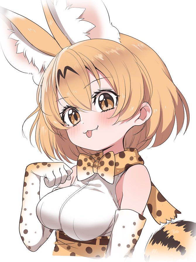 1girl :3 animal_ears bare_shoulders blonde_hair blush bow bowtie commentary_request elbow_gloves extra_ears eyebrows_visible_through_hair fang gloves high-waist_skirt kemono_friends paw_pose print_gloves print_neckwear print_skirt ransusan serval_(kemono_friends) serval_ears serval_girl serval_print serval_tail shirt short_hair skirt sleeveless solo tail upper_body white_shirt yellow_eyes
