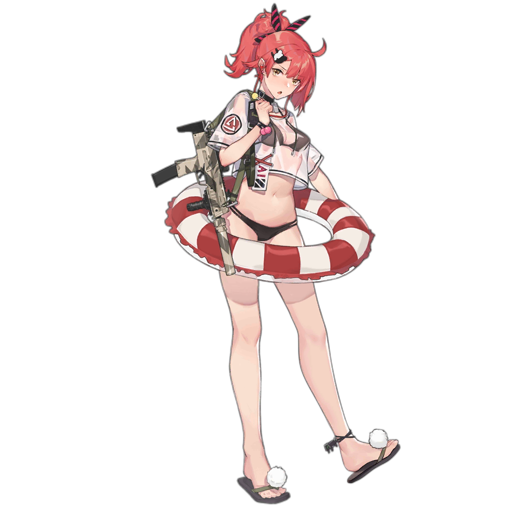 1girl alternate_costume ankle_strap bangs bikini black_bikini blush bracelet camouflage candy choker copyright_name crop_top crop_top_overhang dinergate_(girls_frontline) dog_tags earphones eyebrows_visible_through_hair food full_body girls_frontline groin gun h&amp;k_mp7 hair_ornament hair_ribbon head_tilt heckler_&amp;_koch holding holding_food holding_innertube innertube jewelry lollipop looking_at_viewer mp7_(girls_frontline) navel official_art open_mouth ponytail rainli redhead ribbon sandals see-through sidelocks solo standing stomach strap submachine_gun swimsuit transparent_background weapon yellow_eyes