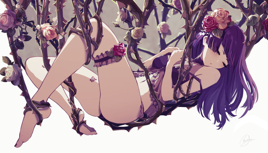 1girl ass babydoll bangs bare_arms bare_legs bare_shoulders barefoot breasts closed_eyes closed_mouth commentary_request diagonal_bangs flower grey_background hair_flower hair_ornament idolmaster idolmaster_shiny_colors long_hair medium_breasts minyom navel panties pink_flower pink_rose purple_hair purple_panties red_flower red_rose rose solo tanaka_mamimi the_sleeping_beauty_(idolmaster) thorns two-tone_background underwear underwear_only white_background white_flower white_rose