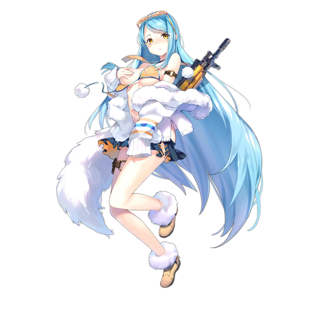 1girl alternate_costume arm_strap bangs bikini_top blue_hair blush boots closed_mouth covering covering_breasts eyebrows_visible_through_hair eyewear_on_head full_body fur_trim girls_frontline hand_on_own_chest jacket long_hair looking_at_viewer m249_saw_(girls_frontline) o-ring off_shoulder official_art sheska_xue single_sidelock skirt skirt_pull sleeves_past_wrists solo standing standing_on_one_leg sunglasses swept_bangs thigh_strap torn_clothes torn_skirt transparent_background very_long_hair wardrobe_malfunction yellow_eyes