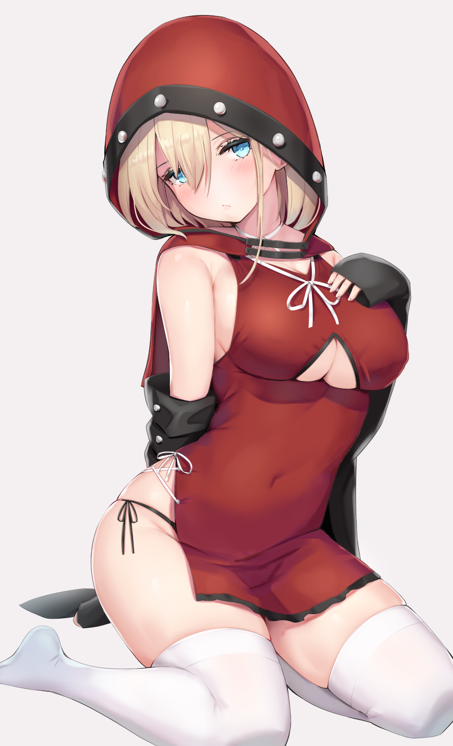 1girl arm_behind_back black_panties blonde_hair blue_eyes blush breasts closed_mouth commentary_request covered_navel detached_sleeves dress grey_background hair_between_eyes hand_on_own_chest head_tilt highres hood hooded_dress large_breasts looking_at_viewer no_shoes original panties red_dress reinama ribbon side-tie_bottom side-tie_panties side_slit simple_background sitting sleeves_past_wrists solo thigh-highs underboob_cutout underwear white_legwear white_ribbon yokozuwari