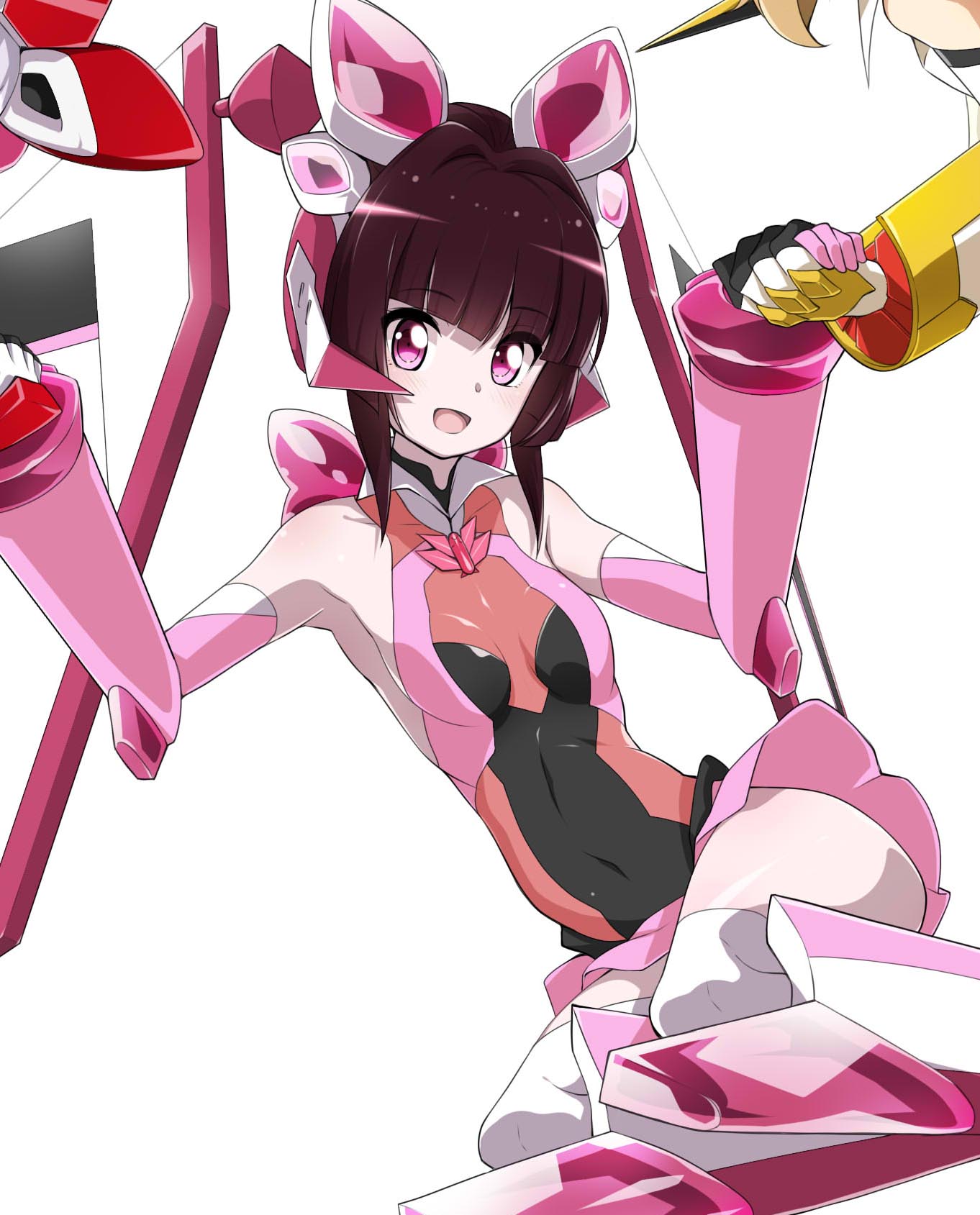 1girl bangs black_hair blunt_bangs boots breasts commentary_request covered_navel elbow_gloves eyebrows_visible_through_hair gauntlets gloves greaves headgear highres holding_hands kurihara_kenshirou leotard long_hair looking_at_viewer magical_girl open_mouth pink_background pink_footwear pink_leotard senki_zesshou_symphogear short_hair small_breasts smile solo_focus thigh-highs thigh_boots tsukuyomi_shirabe violet_eyes white_background