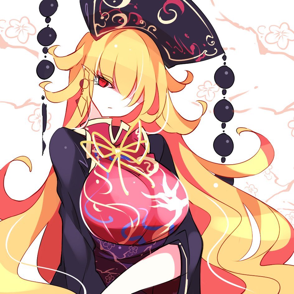 1girl bangs black_dress blonde_hair breasts commentary_request dress earrings hair_over_one_eye head_tilt headdress jewelry junko_(touhou) large_breasts long_hair long_sleeves looking_at_viewer neck_ribbon no_nose pointy_ears purple_sash raptor7 red_eyes ribbon sash solo tabard tassel touhou upper_body very_long_hair white_background yellow_neckwear yellow_ribbon