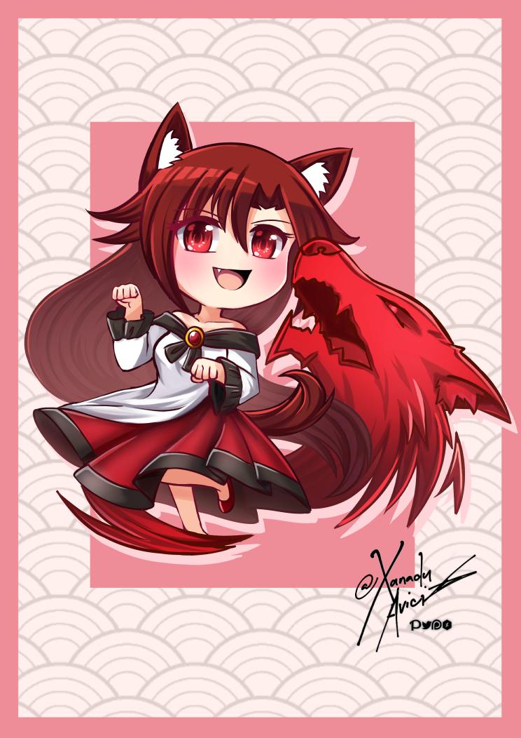 1girl animal_ears artist_name bangs bare_shoulders blush brooch brown_hair chibi collarbone dress eyebrows_visible_through_hair fang hair_between_eyes imaizumi_kagerou jewelry long_hair looking_at_viewer off-shoulder_dress off_shoulder open_mouth patterned_background paw_pose pink_background red_eyes signature smile solo tail touhou werewolf wolf wolf_ears wolf_tail xanadu_avici
