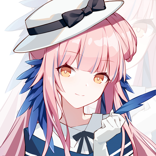 1girl arknights ceylon_(arknights) feathers gloves hand_up hat hat_ribbon kurisu_tina long_hair looking_at_viewer multicolored_hair orange_eyes pink_hair portrait ribbon smile solo streaked_hair white_gloves white_headwear zoom_layer