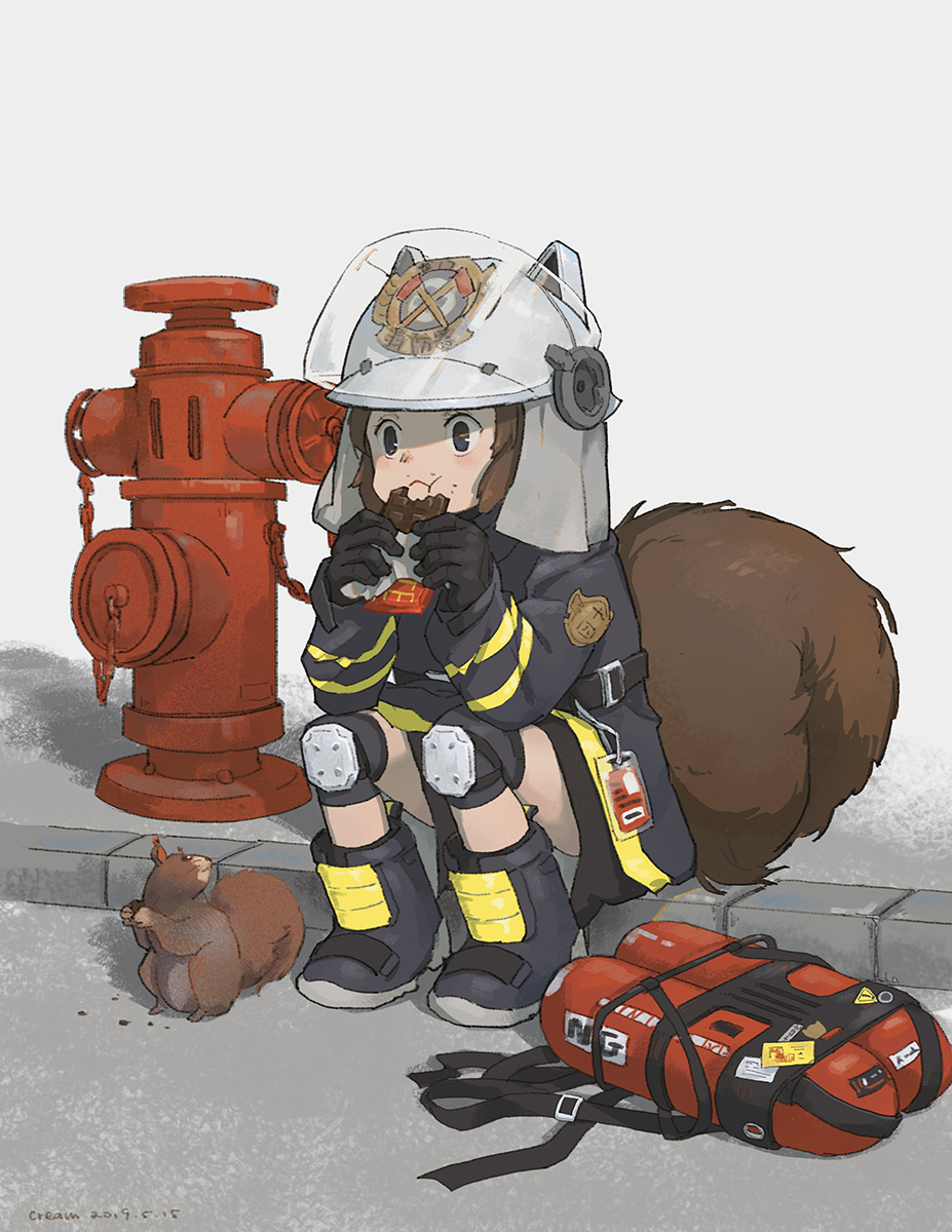 1girl animal_ears animal_ears_helmet arknights artist_request badge boots brown_hair candy chocolate_bar commentary_request eating fire_helmet fire_hydrant firefighter food gloves helmet highres id_card knee_pads oxygen_tank shaw_(arknights) sitting solo squirrel squirrel_girl squirrel_tail tail