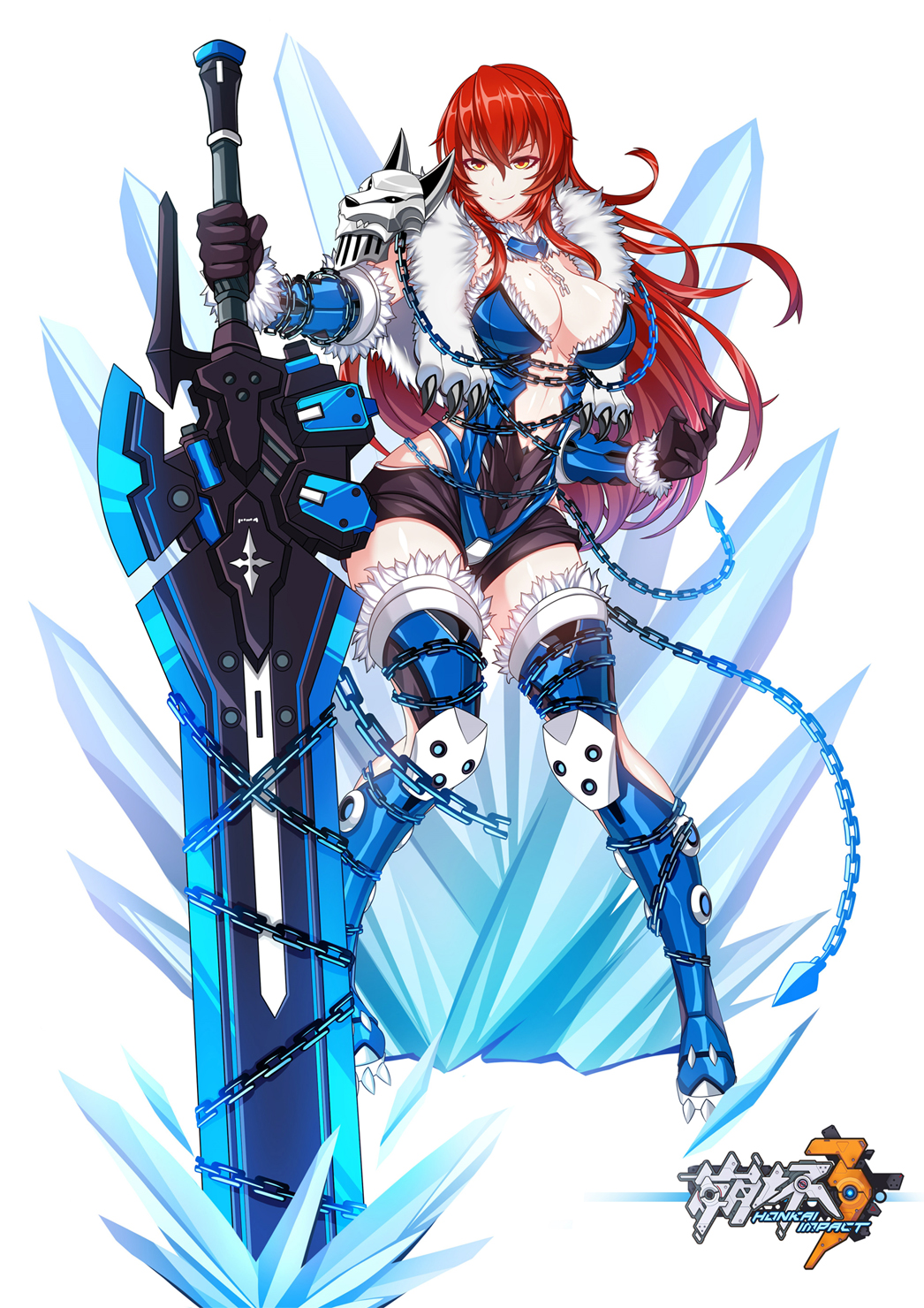 &gt;:) 1girl artist_request black_gloves boots breasts chain closed_mouth full_body fur_trim gloves greatsword greaves hair_between_eyes highres holding holding_sword holding_weapon honkai_(series) honkai_impact_3rd ice large_breasts long_hair looking_at_viewer mole mole_on_breast murata_himeko murata_himeko_(arctic_kriegsmesser) pauldrons redhead smile solo standing sword thigh-highs thigh_boots vambraces weapon yellow_eyes