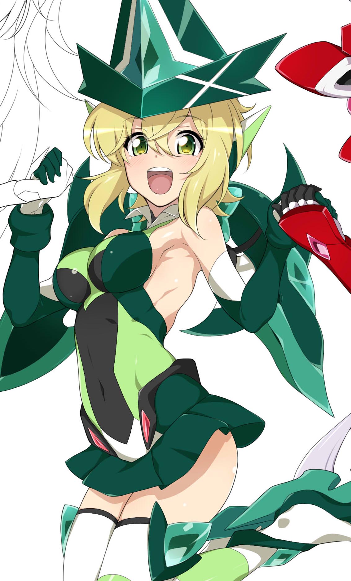 1girl :d akatsuki_kirika bangs blonde_hair boots breasts commentary_request covered_navel elbow_gloves eyebrows_visible_through_hair gloves greaves green_eyes green_leotard headgear highres holding_hands kurihara_kenshirou leotard looking_at_viewer magical_girl open_mouth senki_zesshou_symphogear short_hair small_breasts smile solo_focus thigh-highs thigh_boots white_background white_legwear