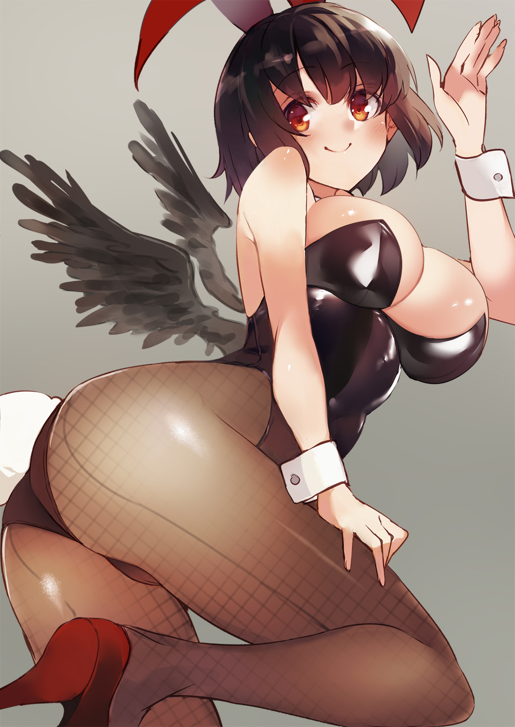 1girl animal_ears ass bangs bare_arms bare_shoulders black_hair black_leotard black_wings blush breasts brown_legwear bunny_tail bunnysuit commentary_request eyebrows_visible_through_hair fake_animal_ears fake_tail feathered_wings feet_out_of_frame grey_background hand_up high_heels highres ken_(coffee_michikusa) large_breasts leotard looking_at_viewer pantyhose rabbit_ears red_eyes red_footwear shameimaru_aya short_hair simple_background smile solo strapless strapless_leotard tail thighs touhou wings wrist_cuffs