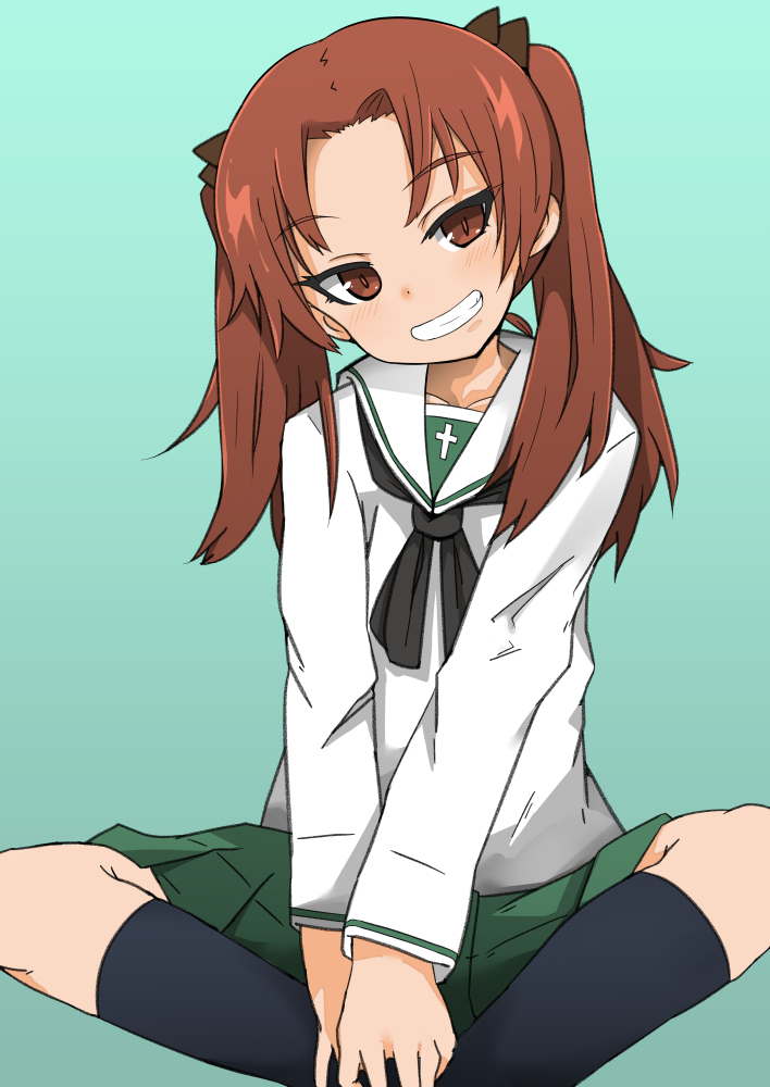 1girl bangs black_bow black_legwear black_neckwear blouse bow brown_eyes brown_hair eyebrows_visible_through_hair full_body girls_und_panzer green_background green_skirt grin hair_bow head_tilt indian_style kadotani_anzu long_hair long_sleeves looking_at_viewer miniskirt neckerchief ngc20701 ooarai_school_uniform parted_bangs pleated_skirt school_uniform serafuku simple_background sitting skirt smile socks solo twintails white_blouse