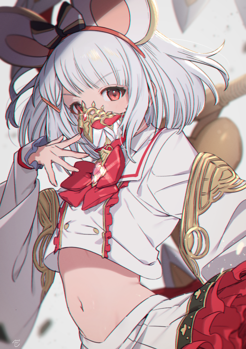 1girl animal_ears bangs blurry bow bowtie brooch collared_shirt crop_top crop_top_overhang depth_of_field detached_sleeves eyebrows_visible_through_hair face_mask fake_animal_ears feb_itk glint gold_trim granblue_fantasy hair_ornament hairband hairclip hand_up highres jewelry long_sleeves looking_at_viewer mask midriff navel pleated_skirt rat_ears red_eyes shirt short_hair signature silver_hair skirt solo stomach upper_body v-shaped_eyebrows vikala_(granblue_fantasy) white_shirt white_skirt