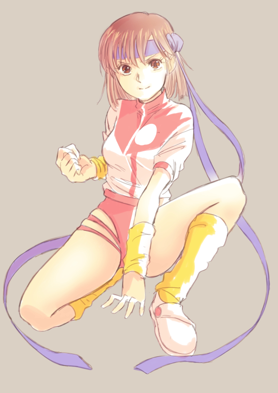 1girl bangs brown_eyes brown_hair clenched_hand closed_mouth full_body grey_background hair_between_eyes jacket jj_(ssspulse) leotard looking_at_viewer one_knee print_jacket purple_headband purple_ribbon red_leotard ribbon shiny shiny_hair short_hair short_sleeves simple_background smile solo takaya_noriko top_wo_nerae! yellow_legwear