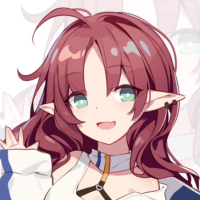 1girl :d ahoge arknights bare_shoulders earrings elf green_eyes hand_up jewelry kurisu_tina long_hair looking_at_viewer myrtle_(arknights) open_mouth pointy_ears portrait redhead shirt sleeveless sleeveless_shirt smile solo white_shirt zoom_layer