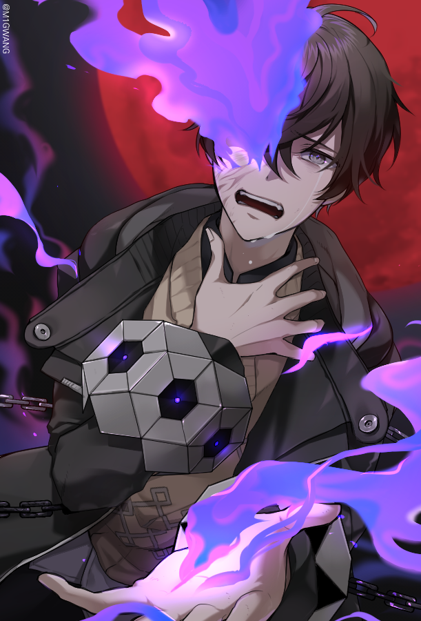 1boy black_coat brown_hair chain coat crying fire forever_7th_capital grey_eyes male_focus mikan_(migwang) moon open_mouth purple_fire red_moon solo sweater tears teeth twitter_username