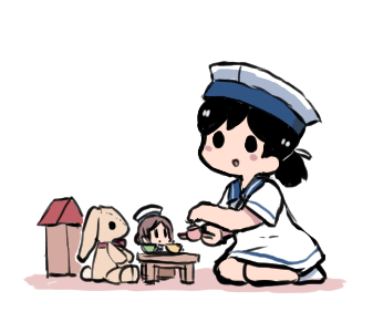 1girl bangs black_eyes black_hair blush doll dress hat hiburi_(kantai_collection) kantai_collection lowres open_mouth ponytail sailor_collar sailor_dress sailor_hat shadow short_sleeves simple_background sitting solo stuffed_animal stuffed_bunny stuffed_toy terrajin white_background white_dress white_headwear