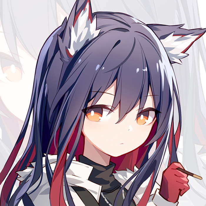 1girl animal_ear_fluff animal_ears arknights black_hair expressionless food gloves hair_between_eyes holding jacket kurisu_tina looking_at_viewer multicolored_hair orange_eyes pocky portrait red_gloves redhead solo texas_(arknights) two-tone_hair wolf_ears zoom_layer