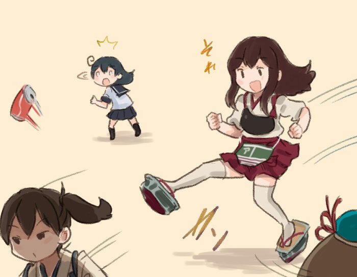 4girls ahoge akagi_(kantai_collection) aqua_headwear blue_hair blush brown_hair can flight_deck hakama hakama_skirt hat japanese_clothes kaga_(kantai_collection) kantai_collection kicking long_hair maya_(kantai_collection) multiple_girls muneate open_mouth otoufu out_of_frame ponytail sailor_collar school_uniform serafuku short_hair short_sleeves side_ponytail simple_background thigh-highs ushio_(kantai_collection) white_legwear