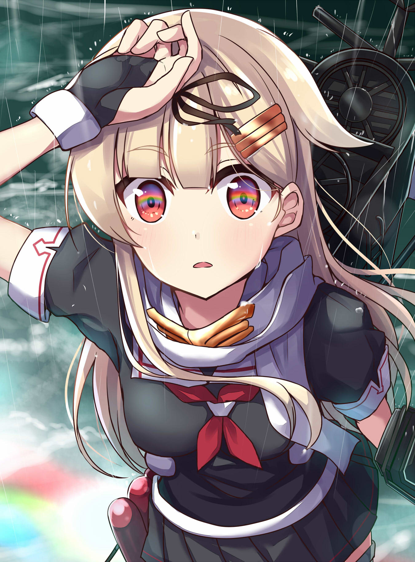 1girl black_gloves black_ribbon black_serafuku black_skirt blonde_hair fingerless_gloves gloves hair_flaps hair_ornament hair_ribbon hairclip highres kantai_collection long_hair neckerchief open_mouth pleated_skirt rain rainbow red_eyes red_neckwear remodel_(kantai_collection) ribbon scarf school_uniform serafuku skirt solo soramuko torpedo white_scarf yuudachi_(kantai_collection)