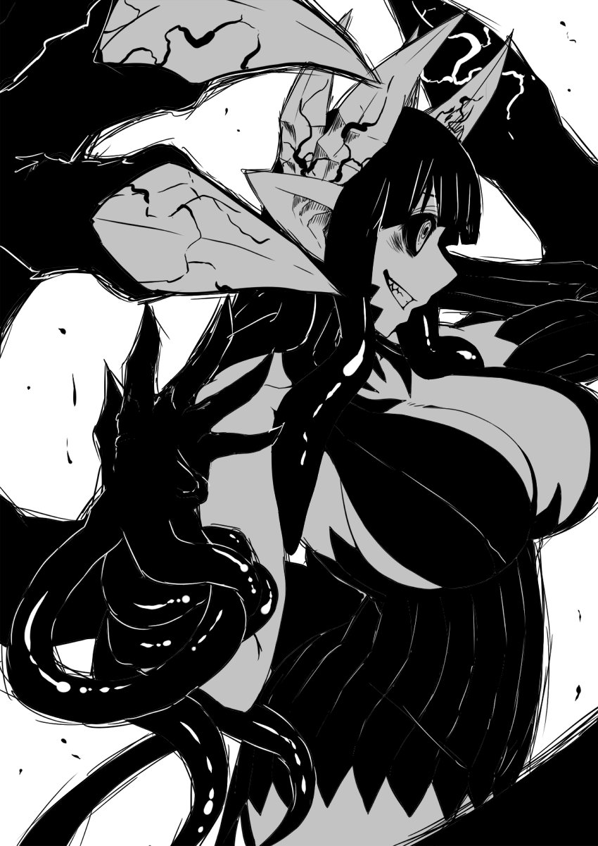 1girl black_dress black_hair breasts dark_persona demon_girl demon_horns demon_tail demon_wings detached_sleeves dress evil_grin evil_smile greyscale grin highres horns huge_breasts juugoya_(zyugoya) merii_(musuko_ga_kawaikute_shikatanai_mazoku_no_hahaoya) monochrome musuko_ga_kawaikute_shikatanai_mazoku_no_hahaoya pointy_ears sharp_teeth smile tail teeth tentacles wings