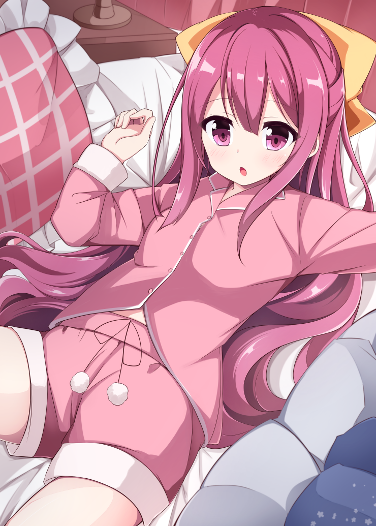 1girl acchii_(akina) alternate_costume bed bed_sheet blush buttons commentary_request eyebrows_visible_through_hair hair_between_eyes hair_ribbon kamikaze_(kantai_collection) kantai_collection long_hair long_sleeves open_mouth pajamas pillow pom_pom_(clothes) purple_hair ribbon solo violet_eyes yellow_ribbon