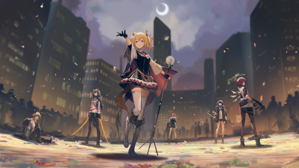 1boy 5girls 6+others animal_ear_fluff animal_ears arknights artist_request bison_(arknights) black_gloves black_hair black_legwear blonde_hair cityscape crescent_moon croissant_(arknights) exusiai_(arknights) fingerless_gloves gloves gun hair_between_eyes halo holding holding_weapon jacket long_hair microphone moon mostima_(arknights) multiple_girls multiple_others official_art pantyhose red_eyes redhead short_hair sora_(arknights) sword tail texas_(arknights) thigh-highs twintails weapon white_jacket