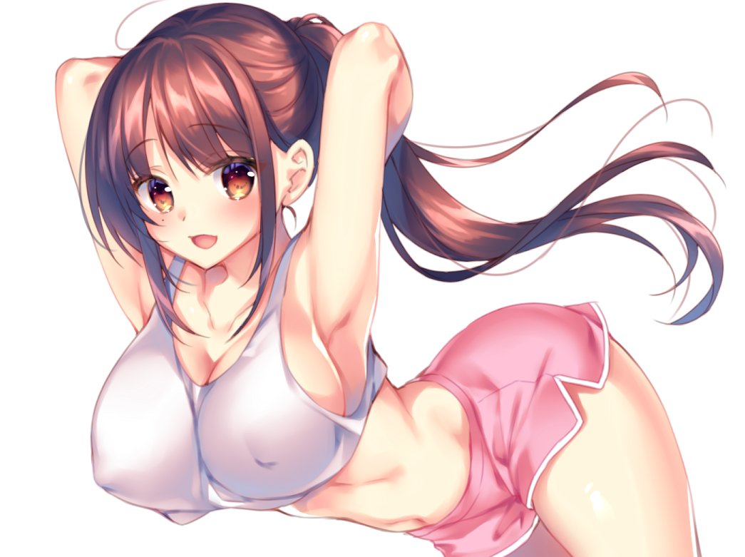 1girl ahoge armpits arms_up bangs blush breasts brown_eyes brown_hair collarbone covered_nipples large_breasts long_hair looking_at_viewer navel open_mouth original ponytail short_shorts shorts simple_background smile solo sorai_shin'ya tank_top white_background