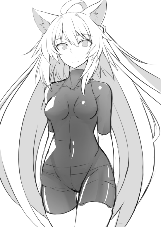 1girl ahoge alternate_costume animal_ear_fluff animal_ears arms_behind_back atalanta_(fate) bodysuit breasts cat_ears commentary covered_navel fate/grand_order fate_(series) hair_between_eyes long_hair looking_at_viewer medium_breasts monochrome nahu smile solo thigh_gap thighs very_long_hair