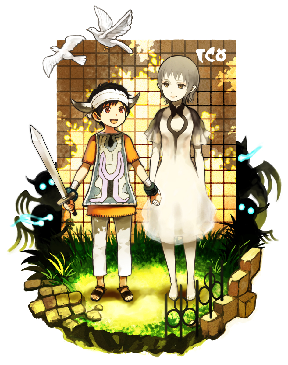 1girl bandages barefoot bird black_hair breasts brown_eyes closed_mouth commentary_request dress feet grass highres holding_hands horns ico ico_(character) monster morisuke open_mouth pointy_ears sandals see-through short_hair silver_hair smile sword tabard weapon white_dress yorda