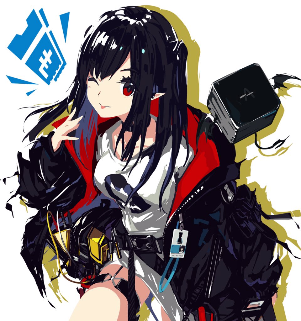 1girl arknights belt black_hair closure_(arknights) commentary_request cube demon_tail demon_wings id_card jacket koka_(rikku-file) long_hair looking_at_viewer one_eye_closed pointy_ears red_eyes simple_background solo tail tongue tongue_out utility_belt white_background wings