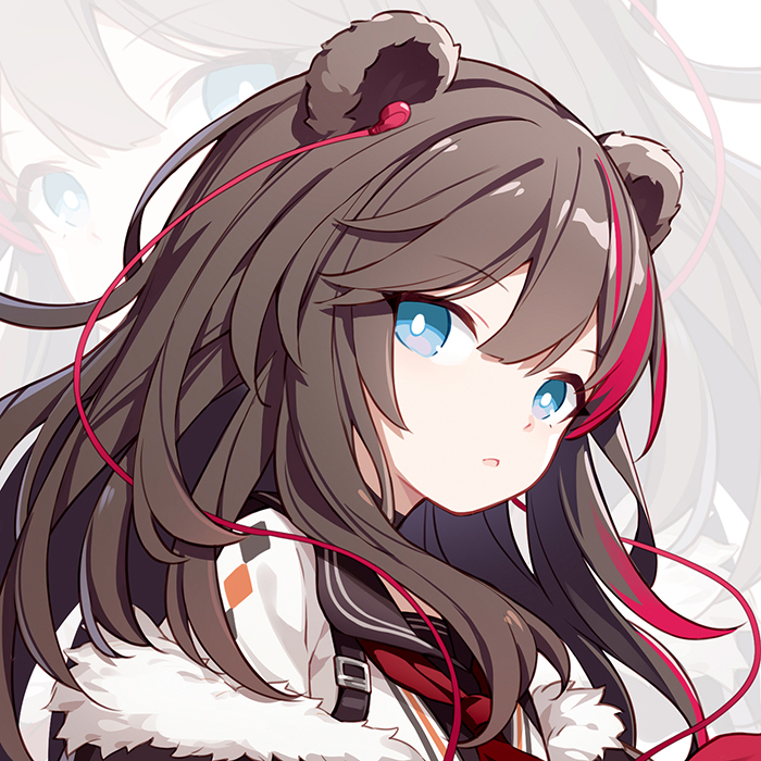 1girl animal_ears arknights bear_ears blue_eyes brown_hair earphones fur_trim kurisu_tina long_hair looking_at_viewer looking_to_the_side multicolored_hair necktie off_shoulder parted_lips portrait red_neckwear sailor_collar shirt solo streaked_hair white_shirt zima_(arknights) zoom_layer