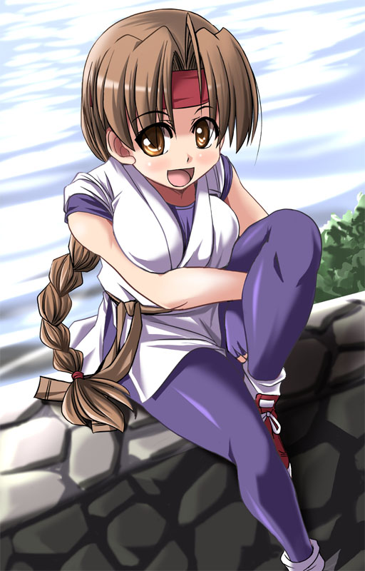 1girl blush braid breasts brown_eyes brown_hair commentary_request dougi fingerless_gloves gloves headband large_breasts long_hair looking_at_viewer open_mouth shoes single_braid smile sneakers snk socks solo spandex the_king_of_fighters tonpuu very_long_hair yuri_sakazaki