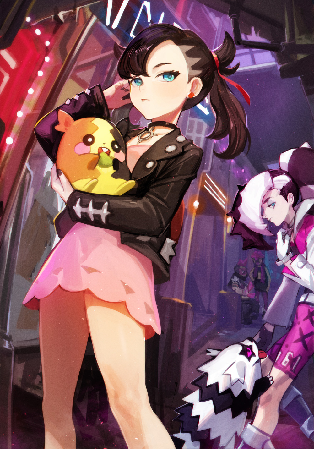1girl 3boys aqua_eyes asymmetrical_bangs asymmetrical_hair bangs belt black_choker black_hair black_jacket black_nails blush breasts choker commentary_request dress earrings gen_8_pokemon hair_ribbon highres holding holding_pokemon jacket jewelry long_hair long_sleeves looking_at_viewer mary_(pokemon) morpeko multicolored_hair multiple_boys nima_(niru54) open_clothes pink_dress pink_hair pokemon pokemon_(creature) pokemon_(game) pokemon_swsh ponytail red_ribbon ribbon team_yell team_yell_grunt twintails two-tone_hair white_belt white_hair white_jacket