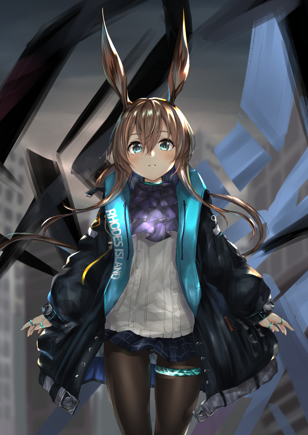 1girl amiya_(arknights) animal_ears arknights ascot bangs black_jacket black_legwear blue_eyes brown_hair cowboy_shot frilled_ascot frills hair_between_eyes highres hood hood_down hooded_jacket jacket jewelry long_hair long_sleeves meri-san miniskirt multiple_rings open_clothes open_jacket plaid plaid_skirt pleated_skirt rabbit_ears ring sidelocks skirt solo thumb_ring