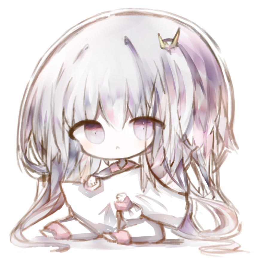 1girl :&lt; bangs barefoot closed_mouth collared_shirt commentary_request cottontailtokki crown hair_between_eyes long_hair long_sleeves looking_at_viewer mini_crown pajamas pants pillow pillow_hug purple_hair shadowverse shingeki_no_bahamut shirt sitting solo spinaria_(shingeki_no_bahamut) tilted_headwear very_long_hair violet_eyes white_background white_pajamas white_pants white_shirt