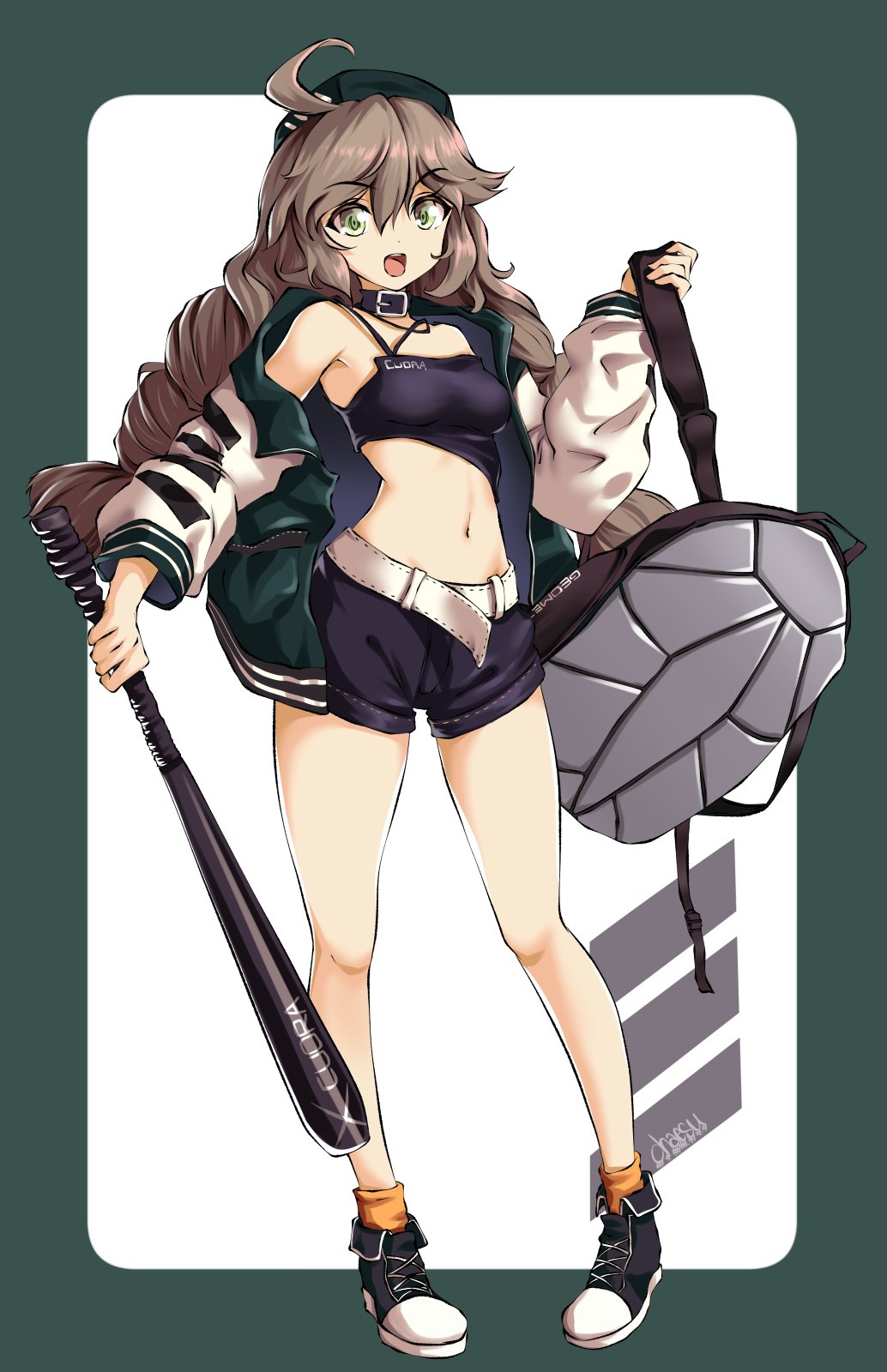 1girl ahoge arknights artist_name backpack bag baseball_bat brown_hair chaesu choker commentary cuora_(arknights) full_body green_background green_eyes hat highres jacket long_hair long_sleeves midriff navel open_mouth shorts solo standing two-tone_background white_background