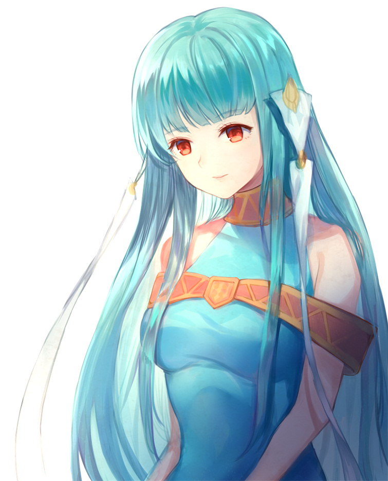 1girl blue_hair closed_mouth dress fire_emblem fire_emblem:_the_blazing_blade jurge long_hair ninian_(fire_emblem) red_eyes simple_background sleeveless sleeveless_dress solo upper_body white_background