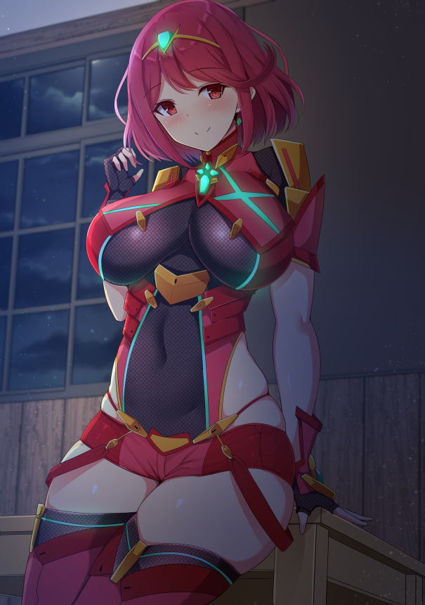 1girl bangs black_gloves blush breasts closed_mouth covered_navel earrings eyebrows_visible_through_hair fingerless_gloves gloves glowing pyra_(xenoblade) impossible_clothes indoors jewelry large_breasts night noeomi red_eyes red_legwear red_shorts redhead short_hair short_shorts shorts shoulder_armor skin_tight skindentation smile solo swept_bangs table thigh-highs tiara window xenoblade_(series) xenoblade_2