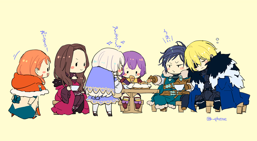 2boys 4girls annette_fantine_dominic armor bernadetta_von_varley black_hair blonde_hair blue_cape blush_stickers brown_gloves brown_hair cape capelet chair chibi closed_eyes closed_mouth cookie cup dimitri_alexandre_blaiddyd dorothea_arnault dress eating eyepatch felix_hugo_fraldarius fire_emblem fire_emblem:_three_houses food from_behind from_side fur_trim gloves guttary hair_ornament holding holding_cup long_hair long_sleeves lysithea_von_ordelia multiple_boys multiple_girls open_mouth orange_hair purple_hair short_hair simple_background sitting sleeping smile table teacup twitter_username