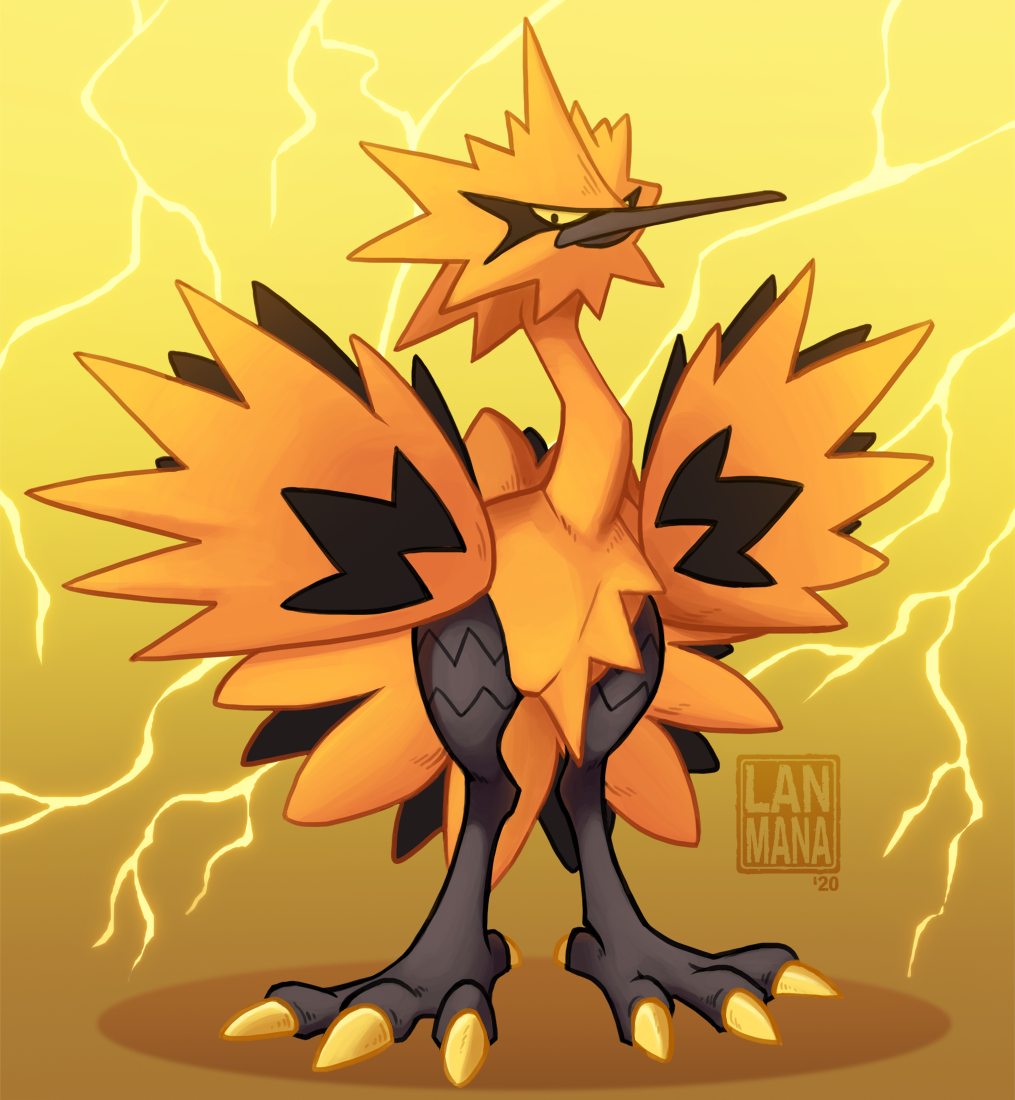 2020 bird bird_focus claws commentary creature electricity english_commentary full_body galarian_form galarian_zapdos gen_8_pokemon gradient gradient_background lanmana looking_at_viewer no_humans pokemon pokemon_(creature) serious signature solo standing thunder yellow_background yellow_eyes yellow_theme