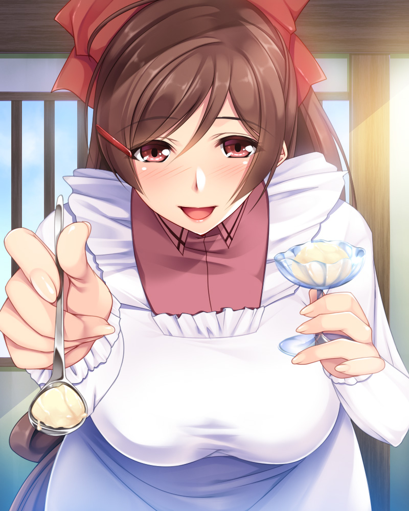 1girl blush breasts brown_hair dessert food hair_ornament hair_ribbon hairclip holding ice_cream kantai_collection kappougi large_breasts long_hair looking_at_viewer mamiya_(kantai_collection) open_mouth ribbon smile spoon yuhji