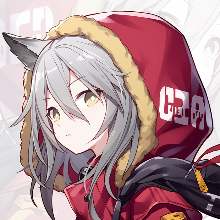 1girl animal_ears arknights bag expressionless fur_trim grey_hair hair_between_eyes hood hood_up hooded_jacket jacket kurisu_tina long_hair looking_at_viewer looking_to_the_side portrait projekt_red_(arknights) red_jacket solo yellow_eyes zoom_layer