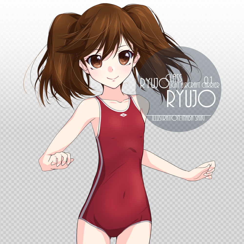 1girl alternate_color_school_swimsuit brown_eyes brown_hair character_name commentary_request covered_navel cowboy_shot flat_chest gradient gradient_background grey_background inaba_shiki kantai_collection looking_at_viewer new_school_swimsuit one-piece_swimsuit red_swimsuit ryuujou_(kantai_collection) school_swimsuit school_uniform smile solo swimsuit twintails