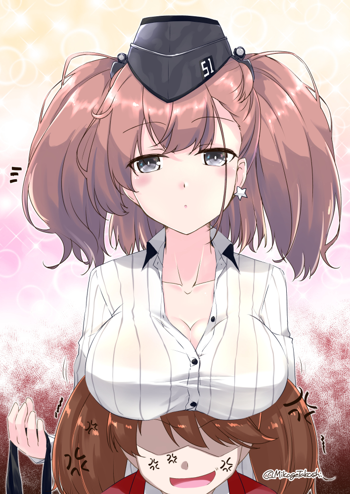 2girls anger_vein atlanta_(kantai_collection) black_headwear blue_eyes breast_envy breast_rest breasts breasts_on_head brown_hair dress_shirt earrings garrison_cap grey_eyes hat jewelry kantai_collection large_breasts long_hair mikage_takashi multiple_girls open_mouth ryuujou_(kantai_collection) shirt signature star star_earrings twintails twitter_username two_side_up visor_cap white_shirt