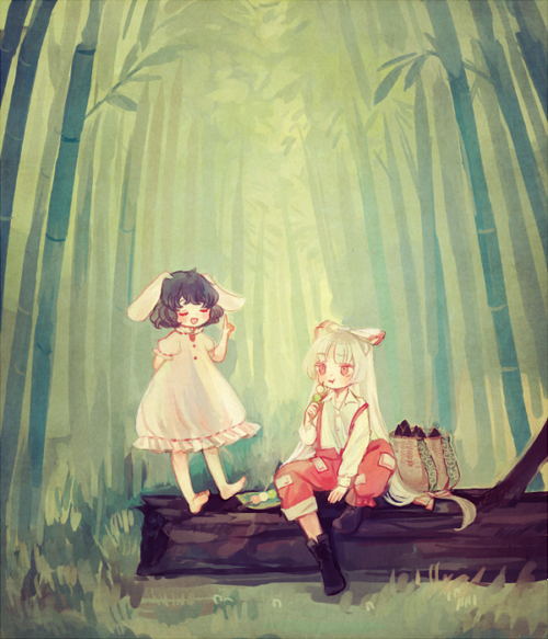 2girls animal_ears bag bamboo bamboo_forest bamboo_shoot barefoot black_footwear black_hair boots bow closed_eyes dango dress food forest fujiwara_no_mokou grass hair_bow hand_up holding holding_food inaba_tewi log long_hair long_sleeves looking_at_another multiple_girls nature outdoors pants pointing pointing_up puffy_short_sleeves puffy_sleeves rabbit_ears red_eyes red_pants sanshoku_dango shirt short_hair short_sleeves sitting smile suspenders touhou very_long_hair wagashi white_bow white_dress white_hair white_shirt yujup
