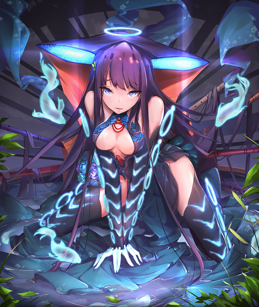 1girl all_fours bangs bare_shoulders black_dress black_gloves black_headwear black_legwear blue_eyes blue_fire blunt_bangs blush breasts center_opening dress elbow_gloves fate/grand_order fate_(series) fire fish floral_print flute gloves hair_ornament halo instrument kneeling large_breasts leaf_hair_ornament long_hair looking_at_viewer parted_lips plant purple_hair renze_l sash smile solo thigh-highs thighs very_long_hair water yang_guifei_(fate/grand_order)